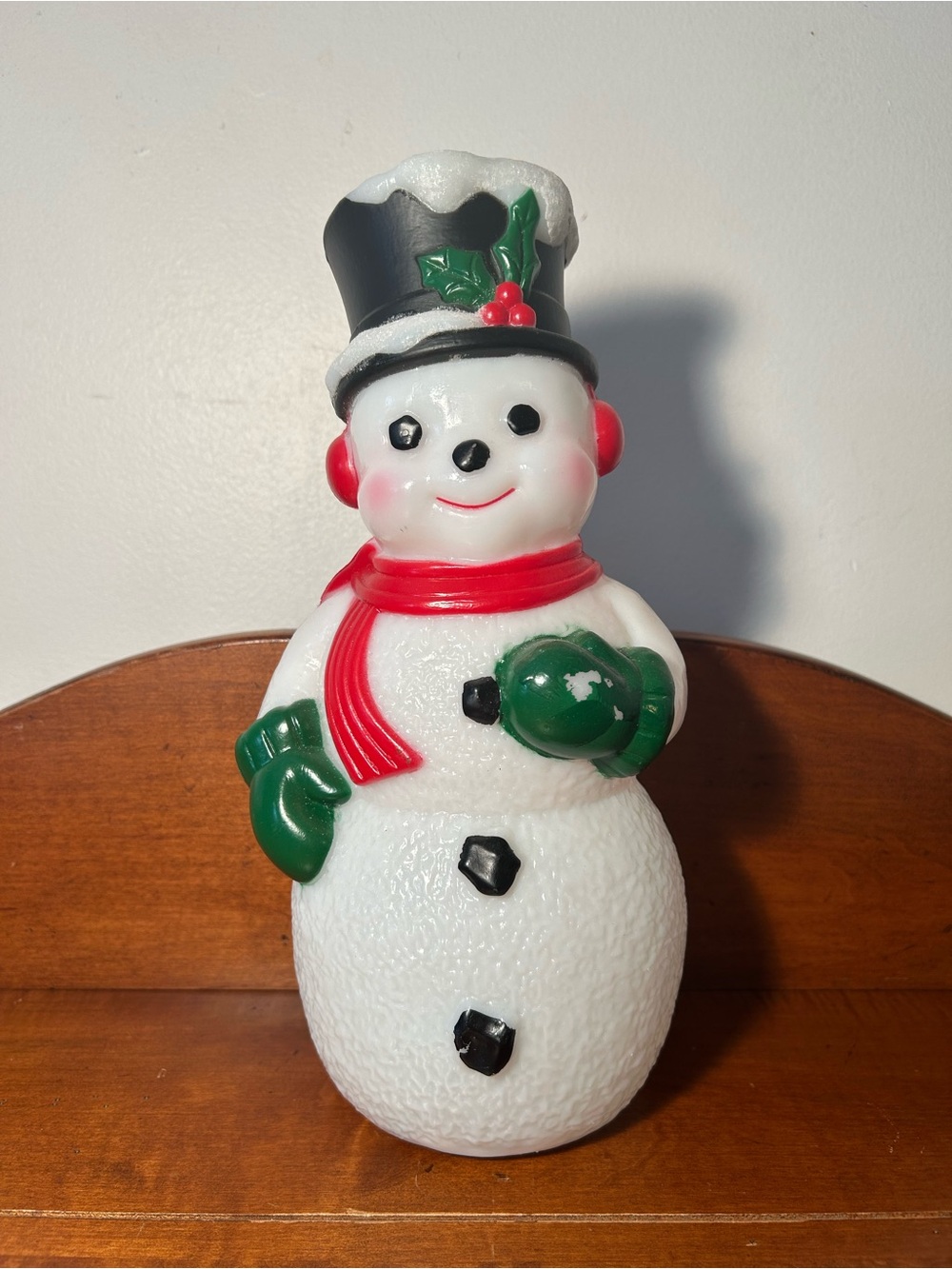 Festive White Snowman Figurine with Red Scarf and Green Mittens